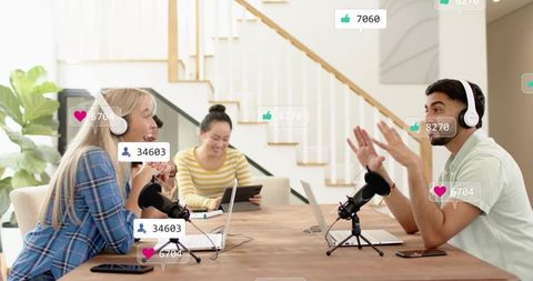 Recording multi-host podcast at home with table microphones, laptops and headphones