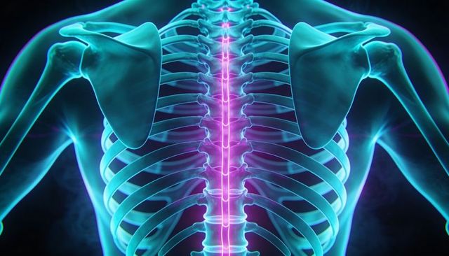 Neon glowing thoracic spine and ribcage 3d visualization showing vertebrae and scapulae