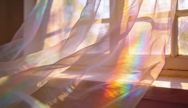Billowing sheer curtain casting rainbow prism on sunlit wooden window sill