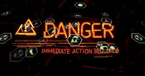 Futuristic danger alert hud with immediate action required neon cyberpunk interface