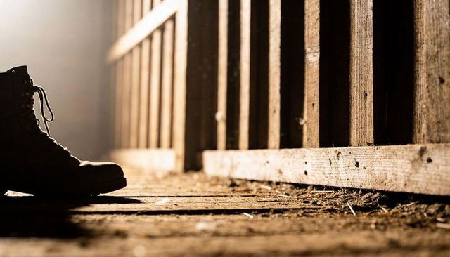 Lace-up leather boot standing in sunlit barn aisle with dust particles and woodgrain