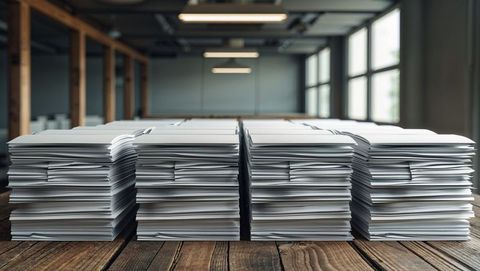 Organized stacks of paper in modern office setting