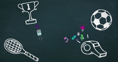 Chalkboard sports theme with iconic equipment drawings