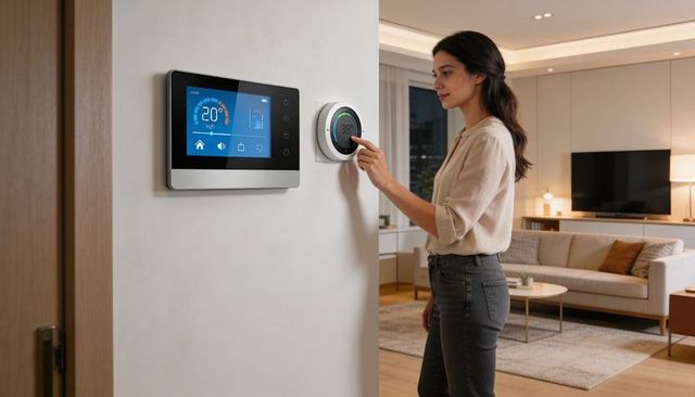 Woman adjusting smart thermostat in contemporary living room smart home climate control