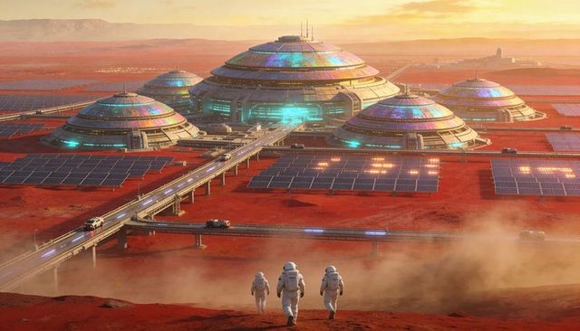 Futuristic mars colony domed habitats at sunset with solar arrays and walking astronauts