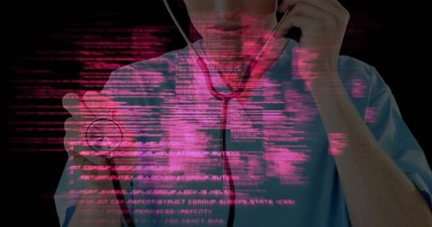 Clinician holding stethoscope and adjusting earpiece with magenta code overlay