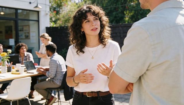 Curly-haired woman explaining ideas on sunny outdoor workspace patio during team meeting