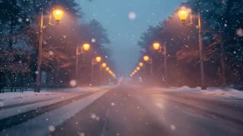 Magical Snowfall on Illuminated Boulevard Lined with Pines