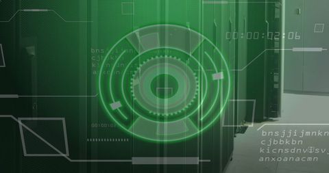 Digital interface over server room depicting cybersecurity concept