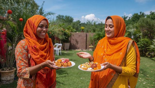 Two women wearing orange headscarves holding plates of assorted sweets in backyard celebration