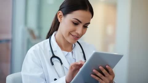 Doctor Reviewing Medical Data on Tablet in Hospital Setting