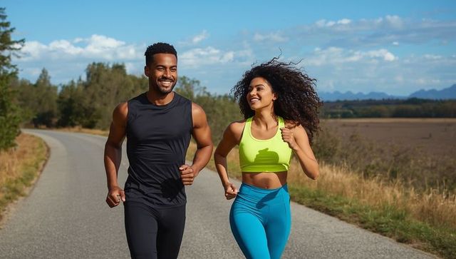 Fit Couple Running on Scenic Country Road Embracing Outdoor Adventure