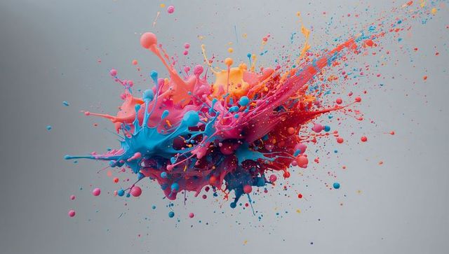 Energetic paint explosion with vibrant colors against gray backdrop