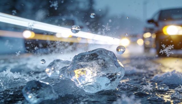 Large clear ice chunk reflecting warm car headlights on wet urban roadway at night
