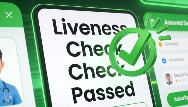 Liveness check passed on mobile verification dashboard with green check and doctor portrait