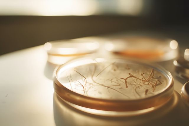 Petri dishes with microbial cultures are illuminated by warm ambient light in a laboratory setting. This can be used for materials relating to scientific research, biotechnology studies, microbiology education, or presentations on laboratory environments and procedures.