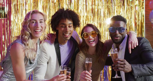 Friends celebrate New Year's Eve at glamorous party, holding champagne glasses while posing for photo. Bright golden streamers in background create festive atmosphere. Useful for holiday party promotions, celebration event flyers, and New Year greeting cards.