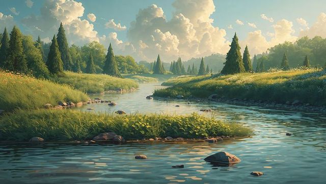 Flowing Sunlit Meadow Creek with Evergreen Trees, Wildflowers and Smooth River Rocks