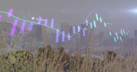 Neon financial data overlay showing candlestick and line charts over urban bay skyline