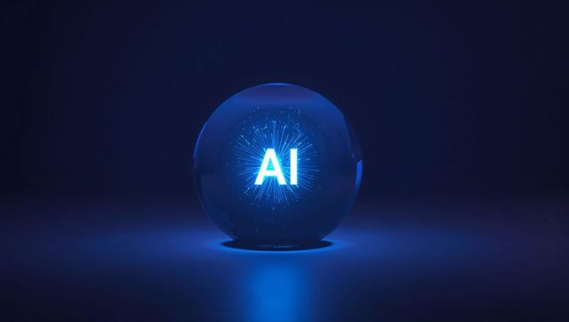 Glowing AI core inside translucent glass orb hovering on glossy blue surface neon burst