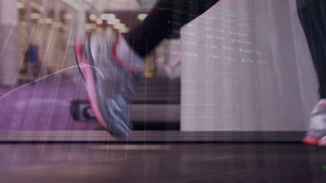 Graphic depicting a woman's legs in athletic shoes on a treadmill with overlaid charts symbolizing data analytics in fitness and exercise. Ideal for illustrating themes of technology in exercise, modern fitness trends, or promoting active, healthy living.