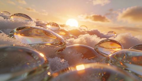 Glistening glass droplets reflecting sunrise over frosty crystals, iridescent macro