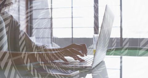 Hands Typing on Laptop in Sunlit Office Environment