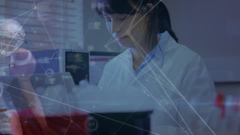 Female Scientist in Laboratory with Digital Network Overlay