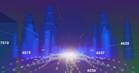 Futuristic digital cityscape with blue towers and neon data trails