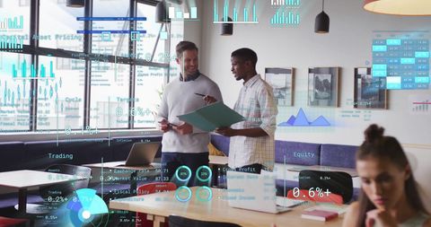 Diverse Team Analyzing Financial Data with Futuristic Technology