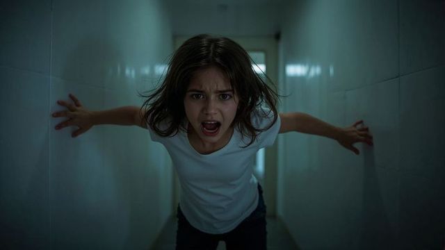 Frightened girl screaming in dimly lit narrow corridor