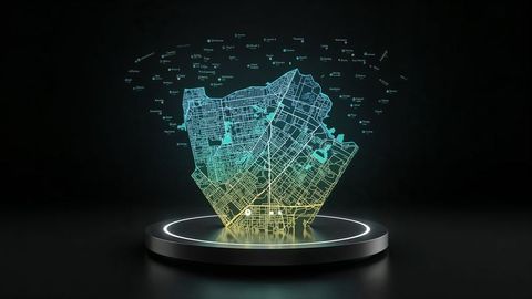 Futuristic holographic city map projection in control room
