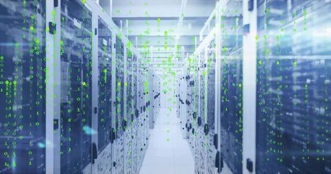 Binary Streams Visualizing Secure Data Flow Through Modern Server Rack Corridor