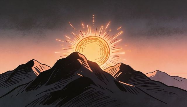 Golden sun halo rising behind rugged mountain peaks, dramatic backlit sunrise illustration
