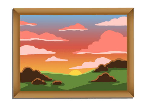 Peaceful Landscape Over Green Hills at Sunset on Transparent Canvas