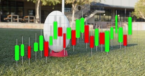 Rugby kickoff with candlestick market chart overlay on campus field for sports finance