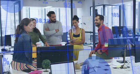 Diverse Team Collaborating in Modern Office with Digital Finances Overlay