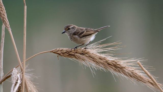 Perching small brown songbird gripping dried reed seed head in marsh with fine awns