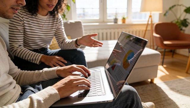 Couple collaborating on laptop reviewing colorful charts and graphs in sunlit living room