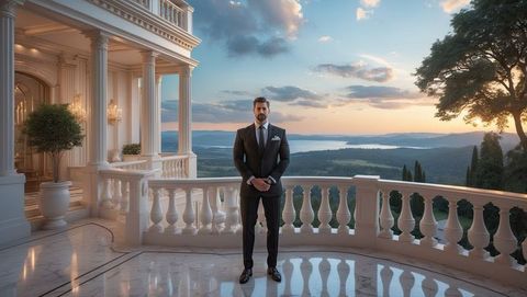 Elegantly dressed man on luxurious balcony with scenic view, embracing millionaire lifestyle