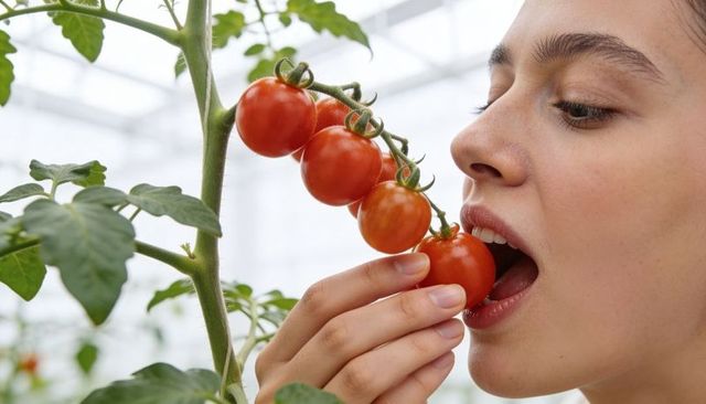 Woman biting ripe cherry tomato on vine in bright greenhouse conservatory