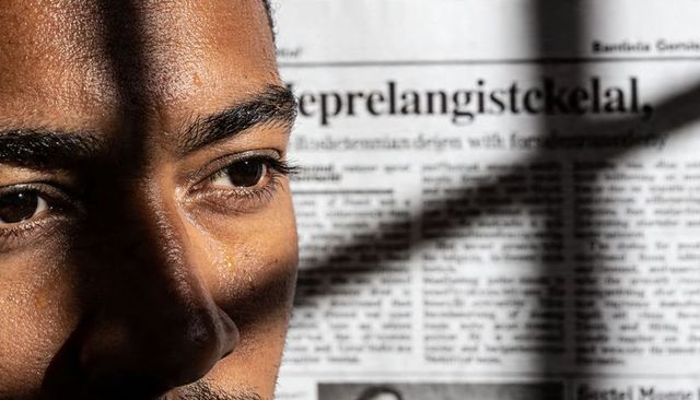 Adult male face showing chiaroscuro blinds shadow over newspaper for moody storytelling