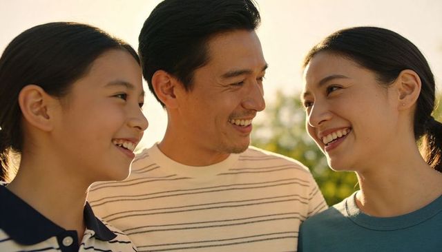 Smiling family trio sharing golden hour warmth outdoors, close-up portrait