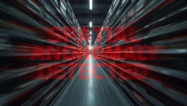 Warehouse aisle motion blur with red anomaly detected alert for ai logistics monitoring