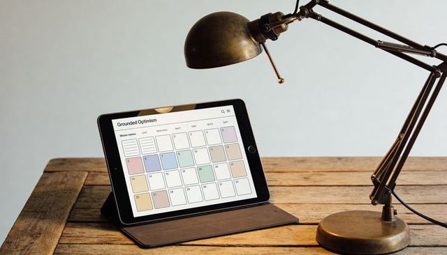 Tablet in folio displaying pastel calendar on rustic wooden desk with brass lamp
