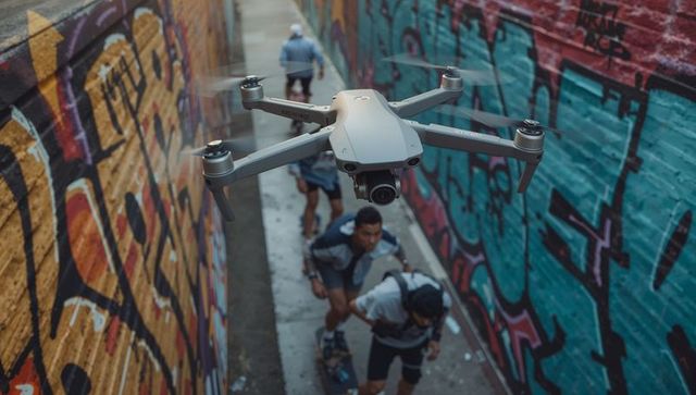 Gray drone capturing skateboarders racing through colorful graffiti alley urban action