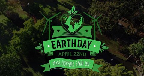 Earth day banner on green park landscape with wind turbines