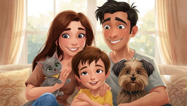 Portrait of Smiling Family with Pets Relaxing in Cozy Living Room
