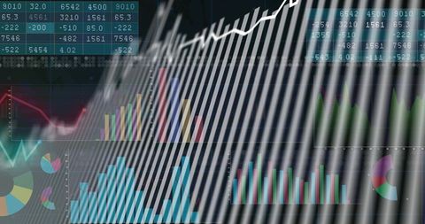 Financial dashboard with layered bar charts, upward trend line and slatted light overlay