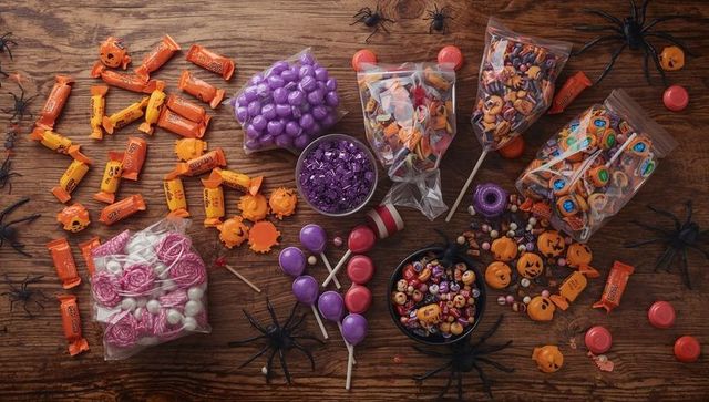 Halloween candy array with spooky spiders celebrating autumn